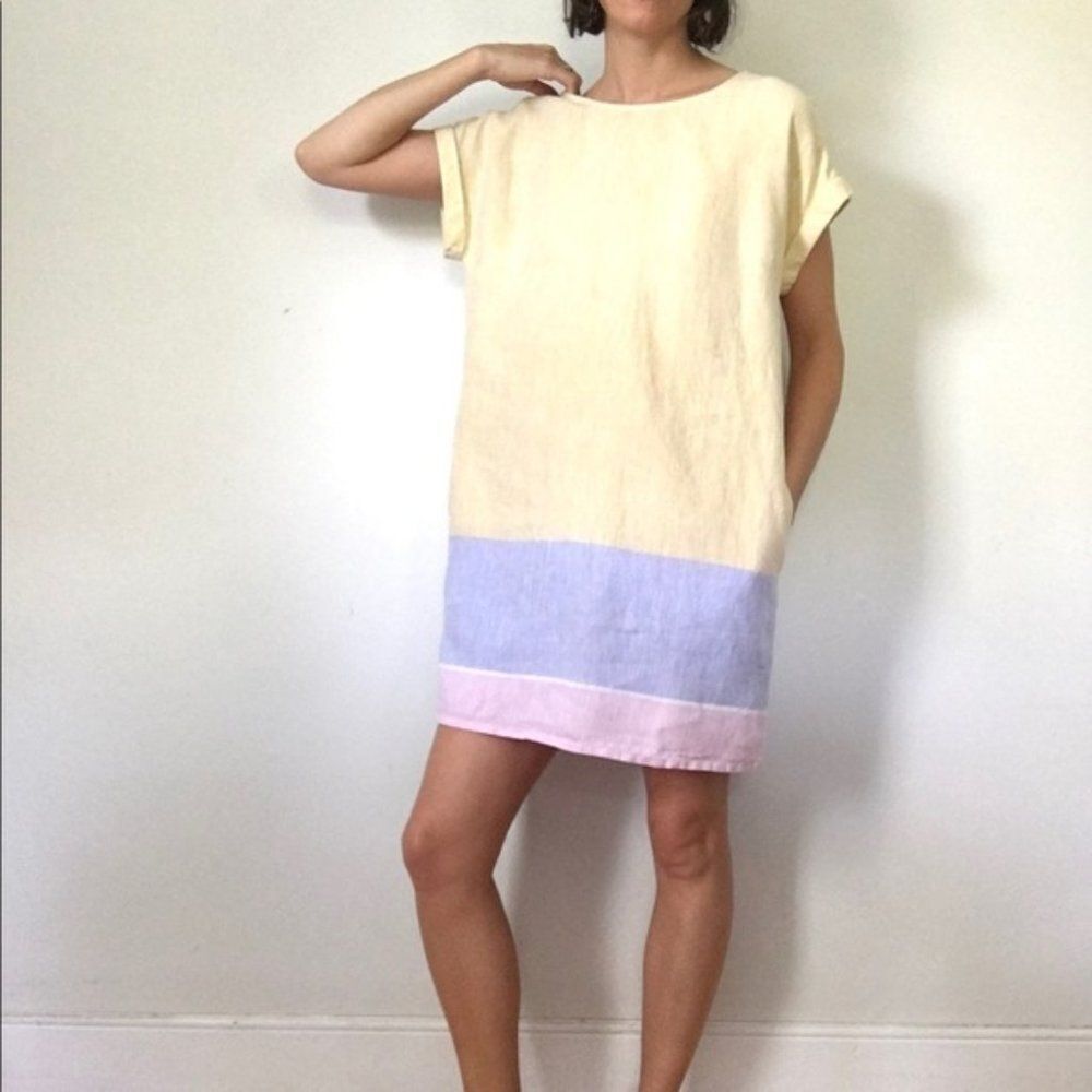 Colorblock C&C California Linen Cuff-Sleeve Button-Back Short Sleeve Dress (NWT)
